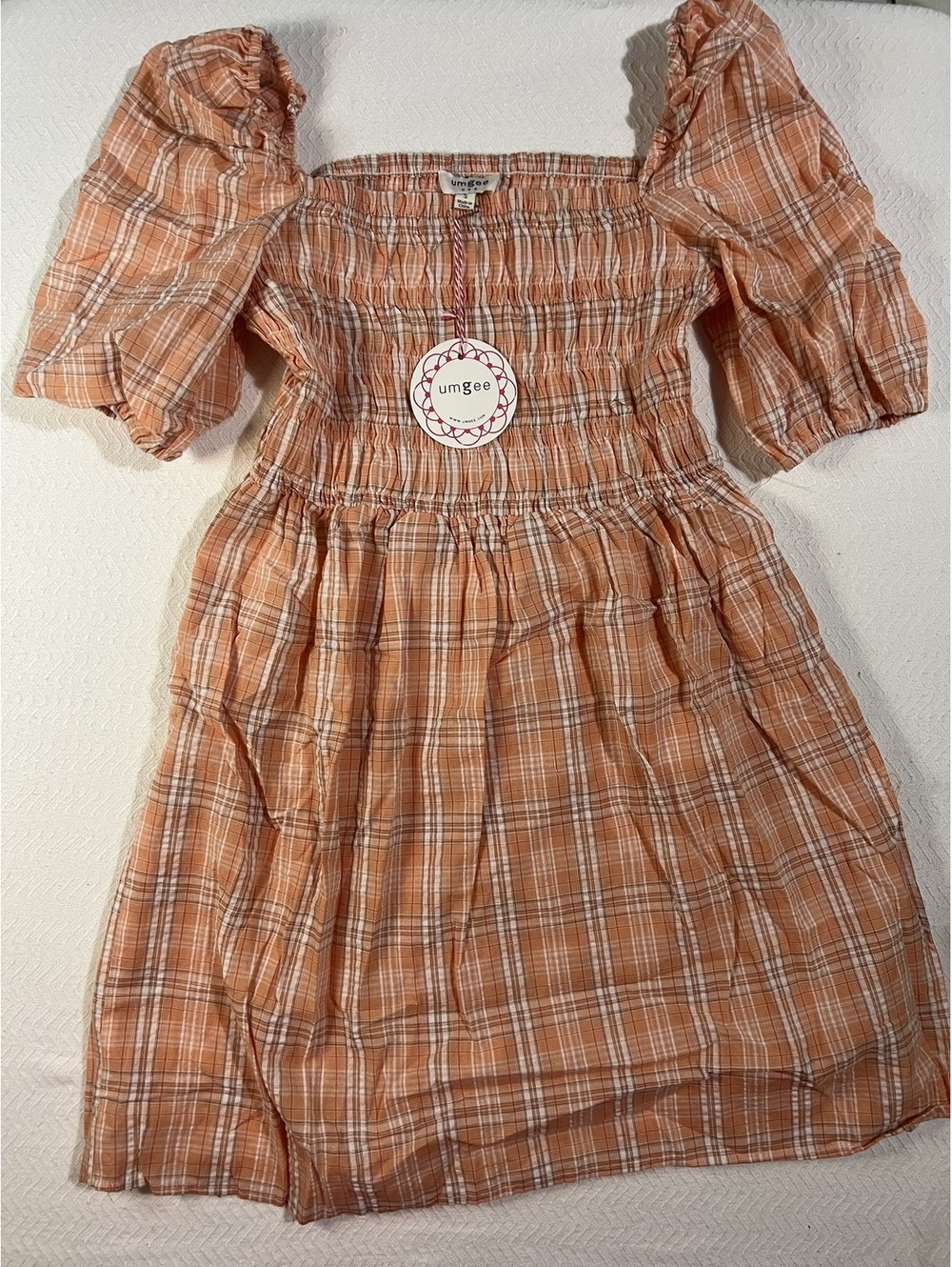 Umgee Peach Plaid Puff Sleeve Dress Size S